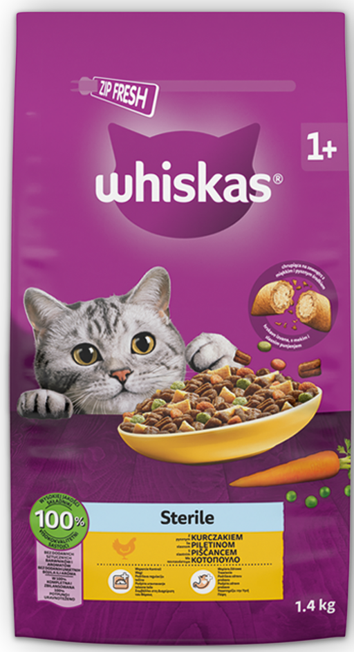 Karma dla kota sucha z kurcz Whiskas sterile 1,4kg widok główny