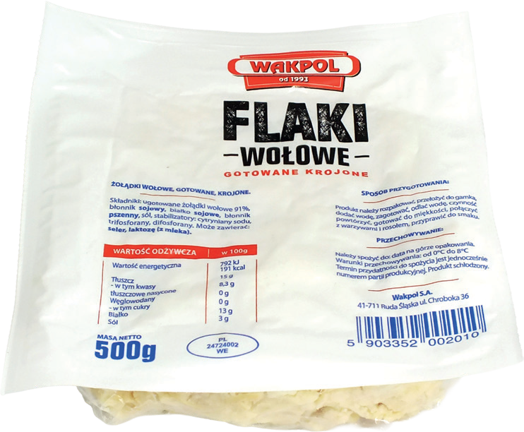 Flaki wołowe gotowane krojone Wakpol 500g widok 1