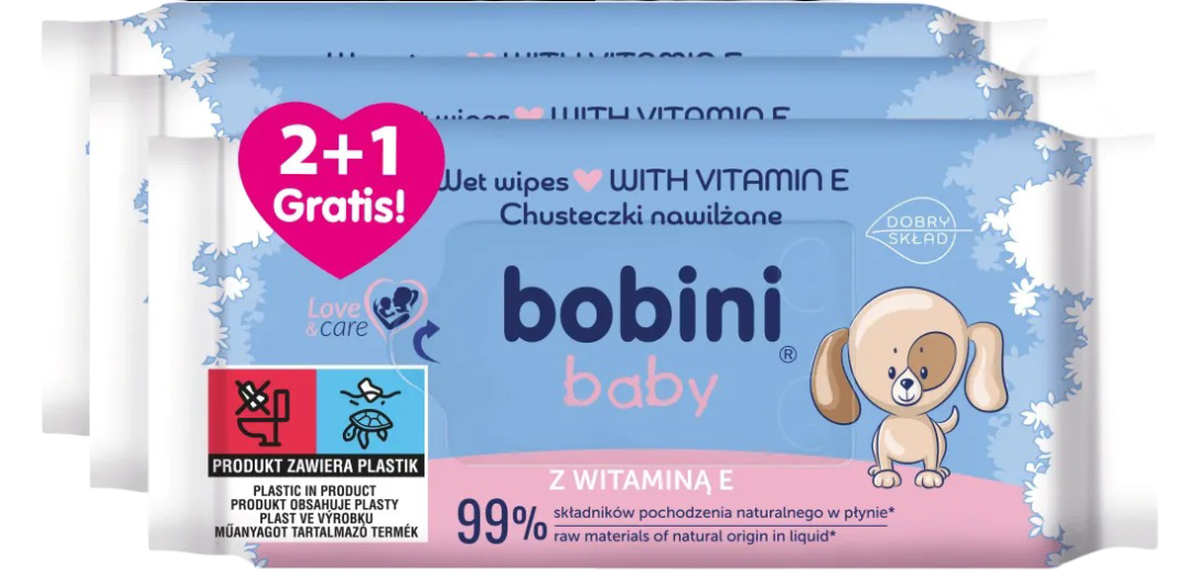 Chusteczki nawilżane wit.E Bobini 2+1gratis x60szt widok główny