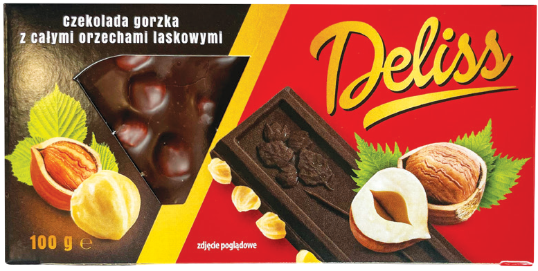 Czekolada gorzka z całymi orzechami Deliss 100g widok główny