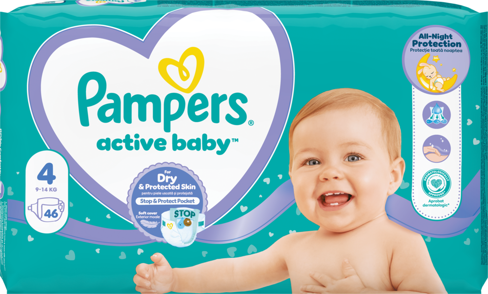 Pieluchy 4 maxi 9-14kg active baby Pampers 46szt widok główny
