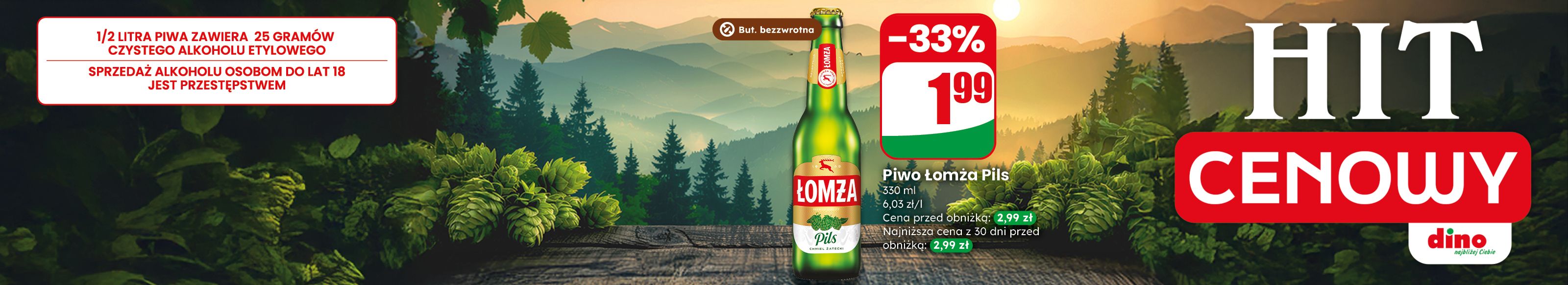 Hit Cenowy Łomża Pils 330ml - Teraz taniej w DINO!