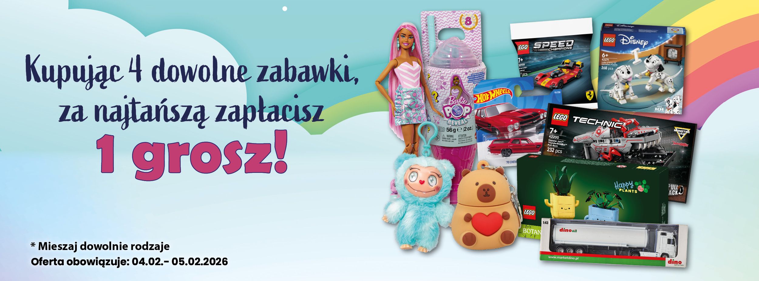 Kupując 4 dowolne zabawki, za najtańszą zapłacisz grosz!