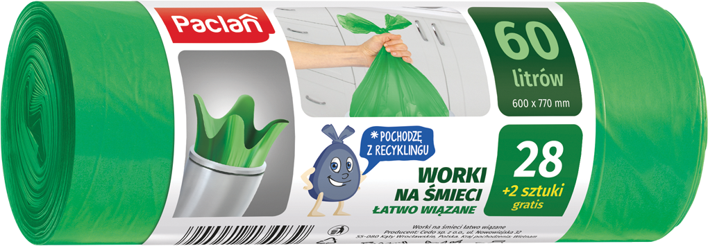Worki na śmieci z uszami Paclan 60l 28+2szt gratis widok 1