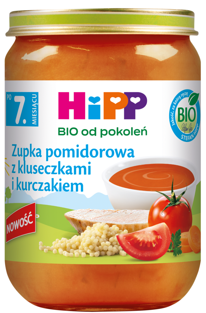 Danie zupka pomidorowa z klus. kurczkiem Hipp 190g widok główny
