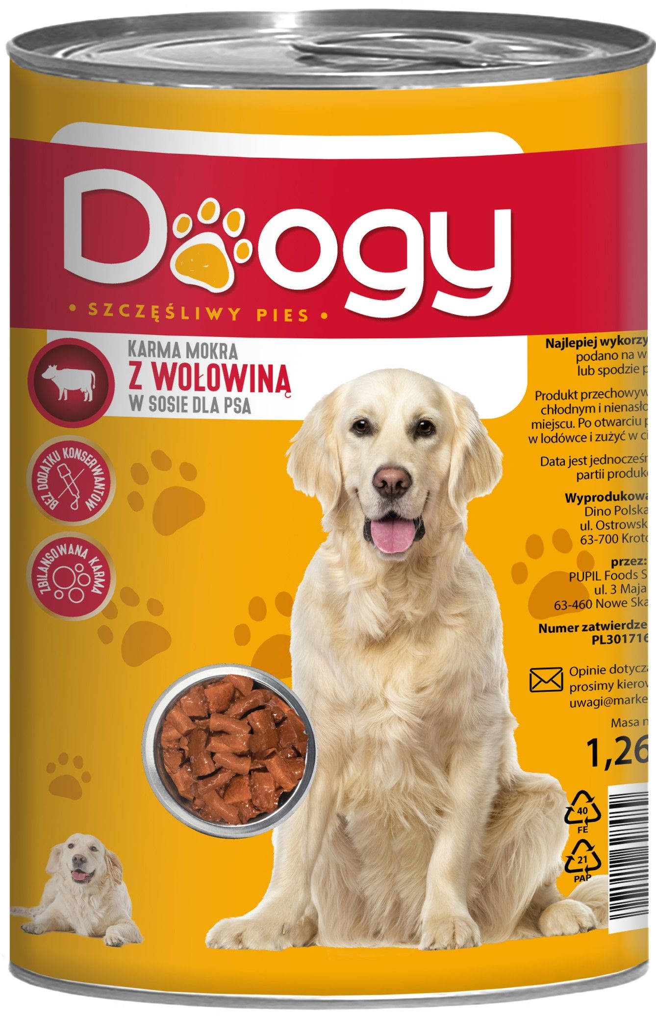Karma dla psa mokra z wołowiną Doogy 1,26kg widok 1
