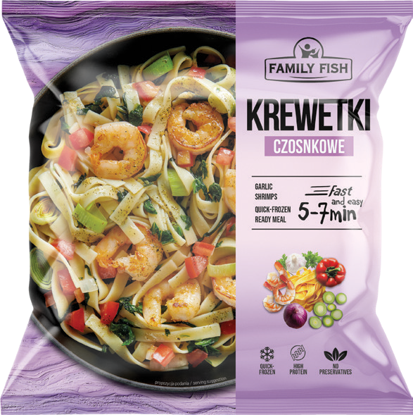 Krewetki czosnkowe na makaronie Family Fish 500g widok główny