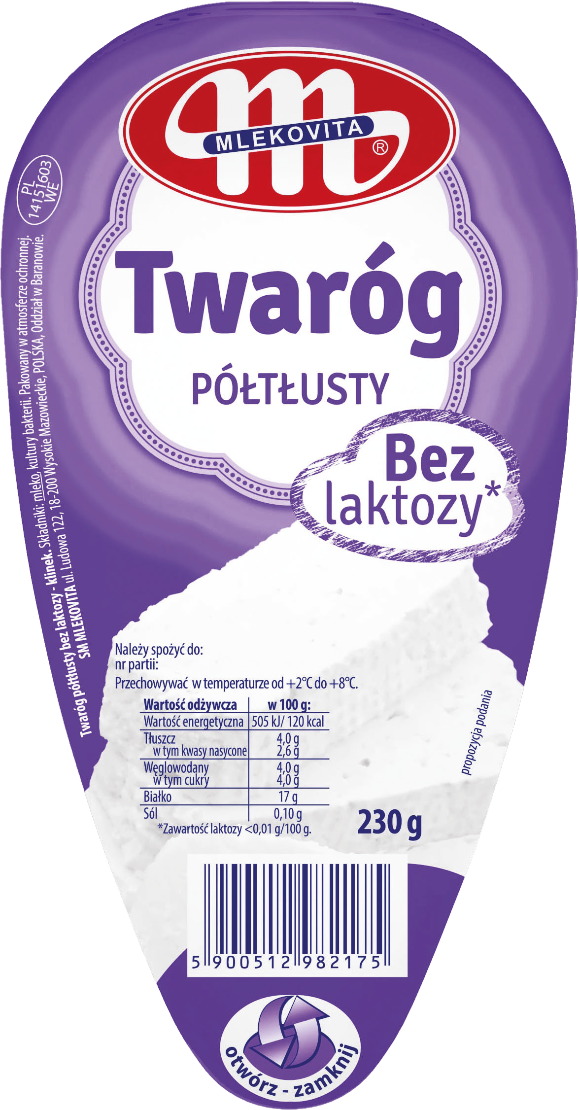 Twaróg półtłusty bez laktozy Mlekovita 230g widok 1