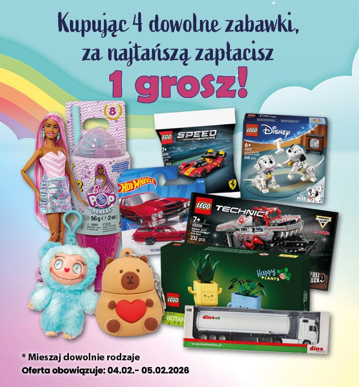 Kupując 4 dowolne zabawki, za najtańszą zapłacisz grosz!