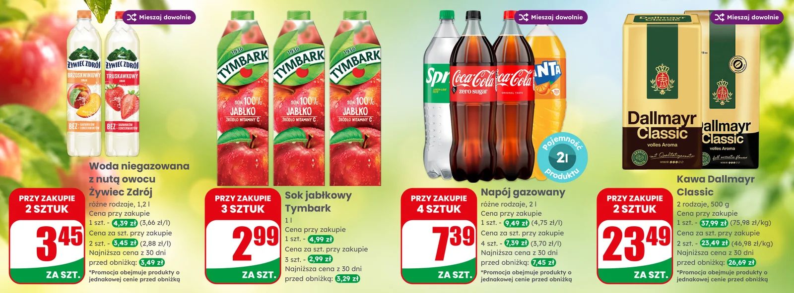 Napoje tymbark, zywiec zdroj, cola, fanta, kawy