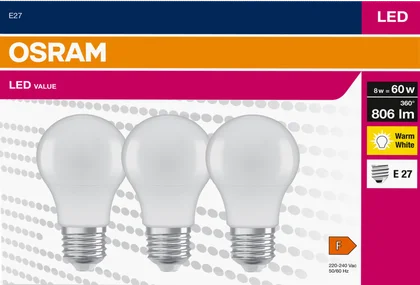 Zdjęcie produktu - Żarówka warm white E27 8W 3-pak Osram