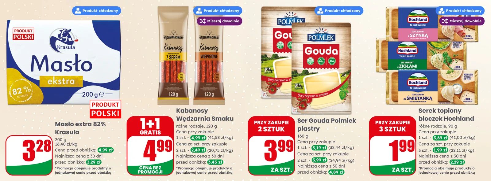 Produkty chłodzone kabanosy sery topione sery żółte masła masło