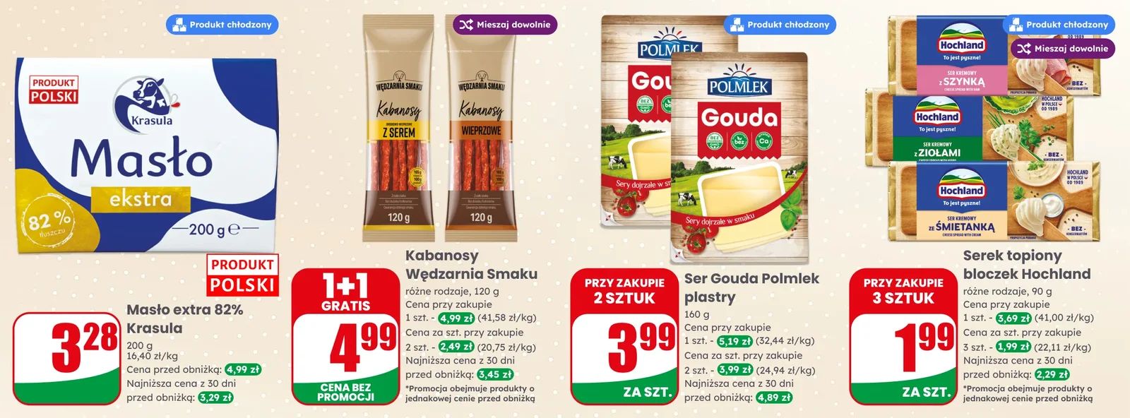 Produkty chłodzone kabanosy sery topione sery żółte masła masło