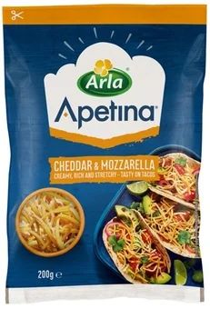 Zdjęcie produktu - Ser cheddar&mozzarella Apetina wiórki 200g
