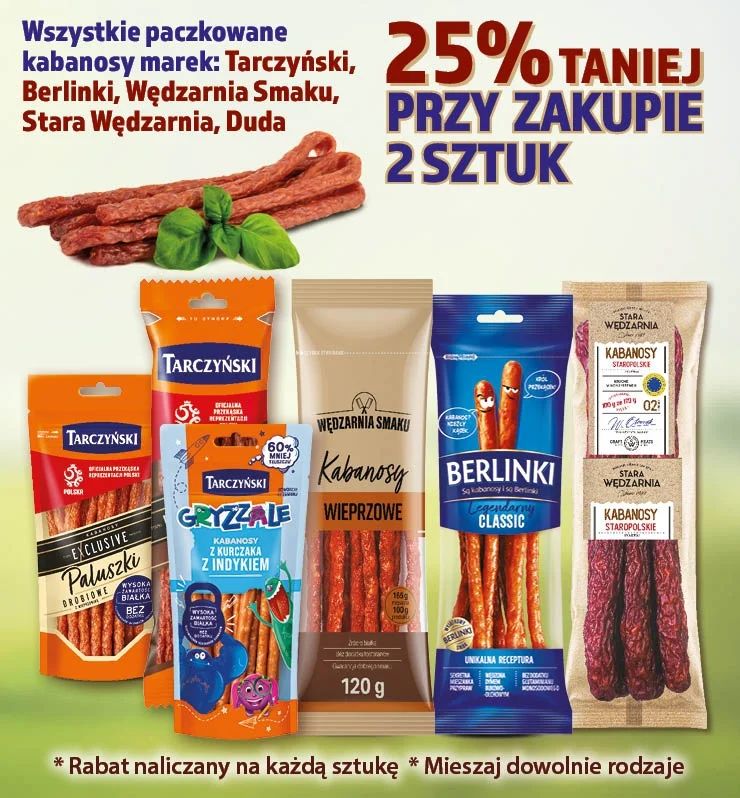 WSZYSTKIE PACZKOWANE KABANOSY 25% TANIEJ PRZY ZAKUPIE 2 SZTUK