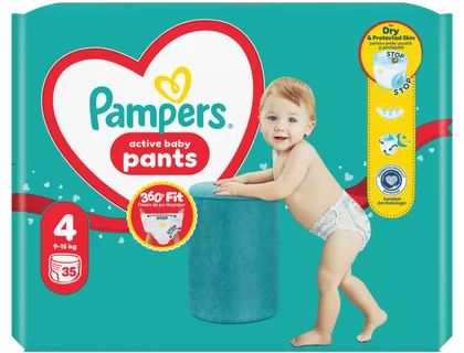 Zdjęcie produktu - Pieluchomajtki 4 active baby 9-15kg Pampers 35szt
